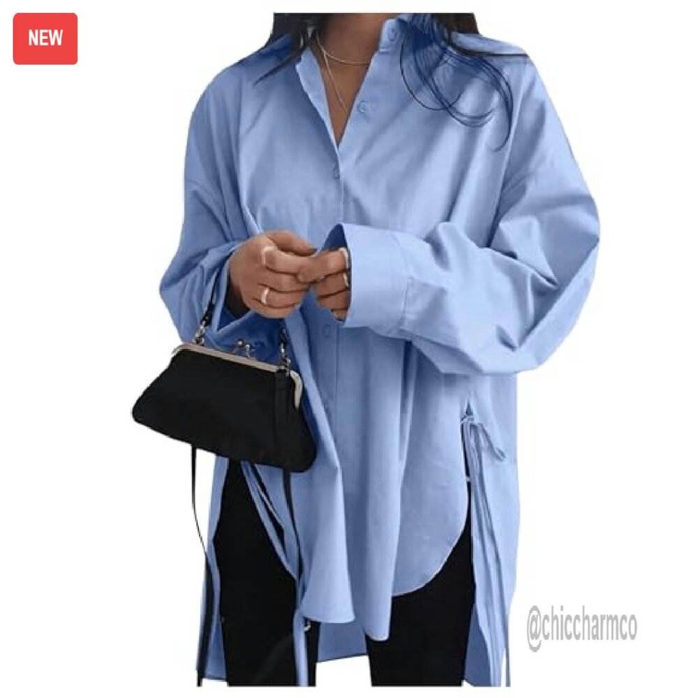 Oversized Button Down Shirt Split Hem Long Sleeve… - image 2